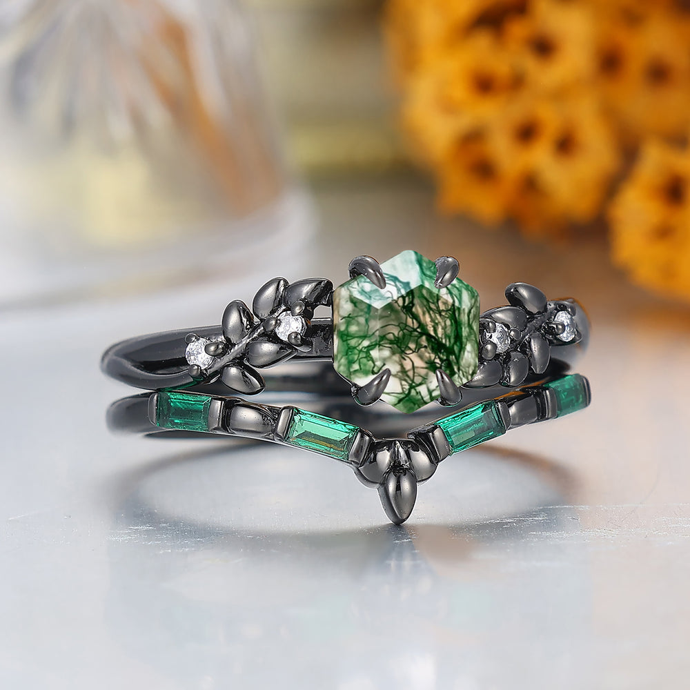 Art Deco 14K Hexagon Shape Moss Agate Engagement Ring Leaf Style Anniversary Bridal Ring