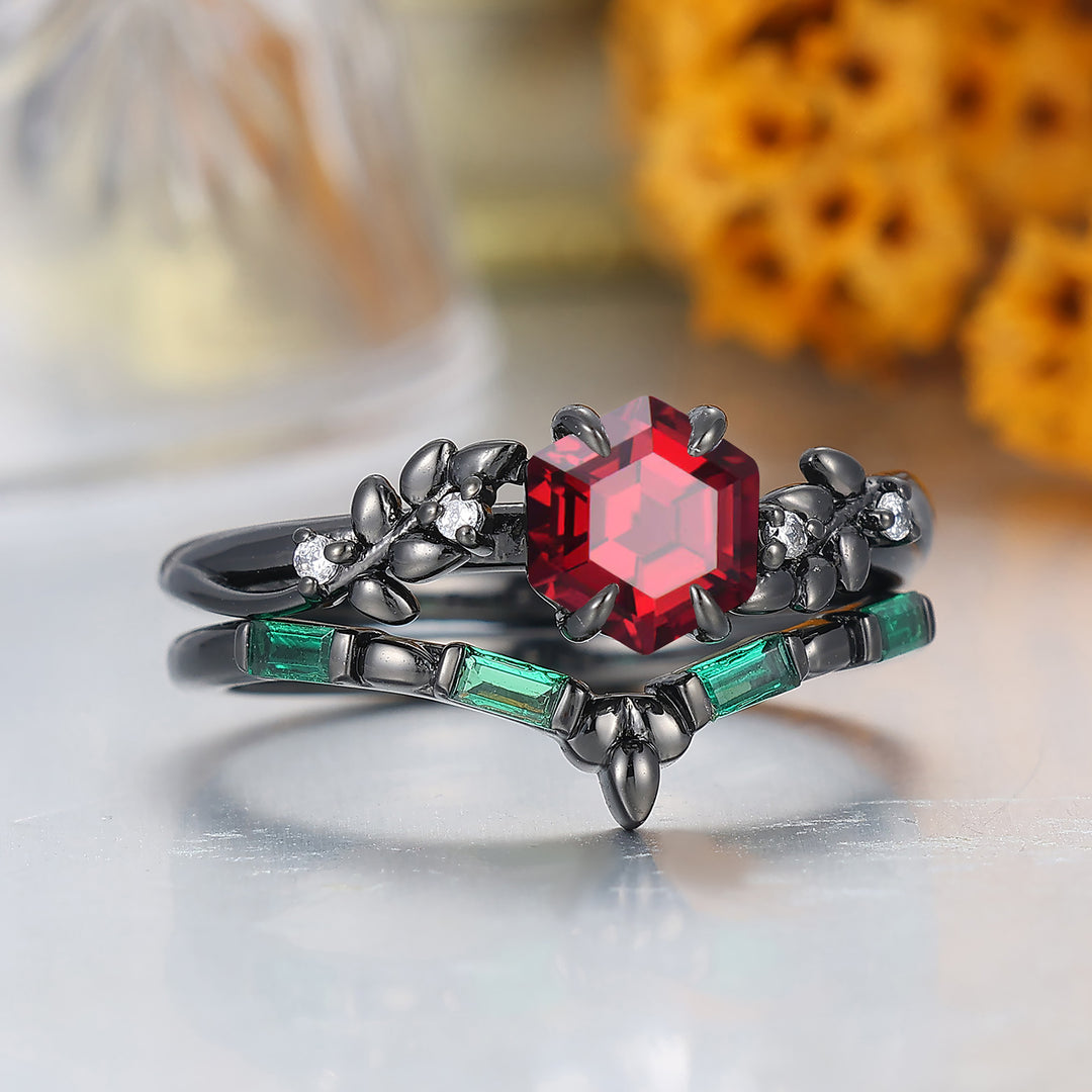Unique Leaf Design Natural Red Garnet Bridal Ring Set Nature Inspired 2pcs Wowen Fine Ring