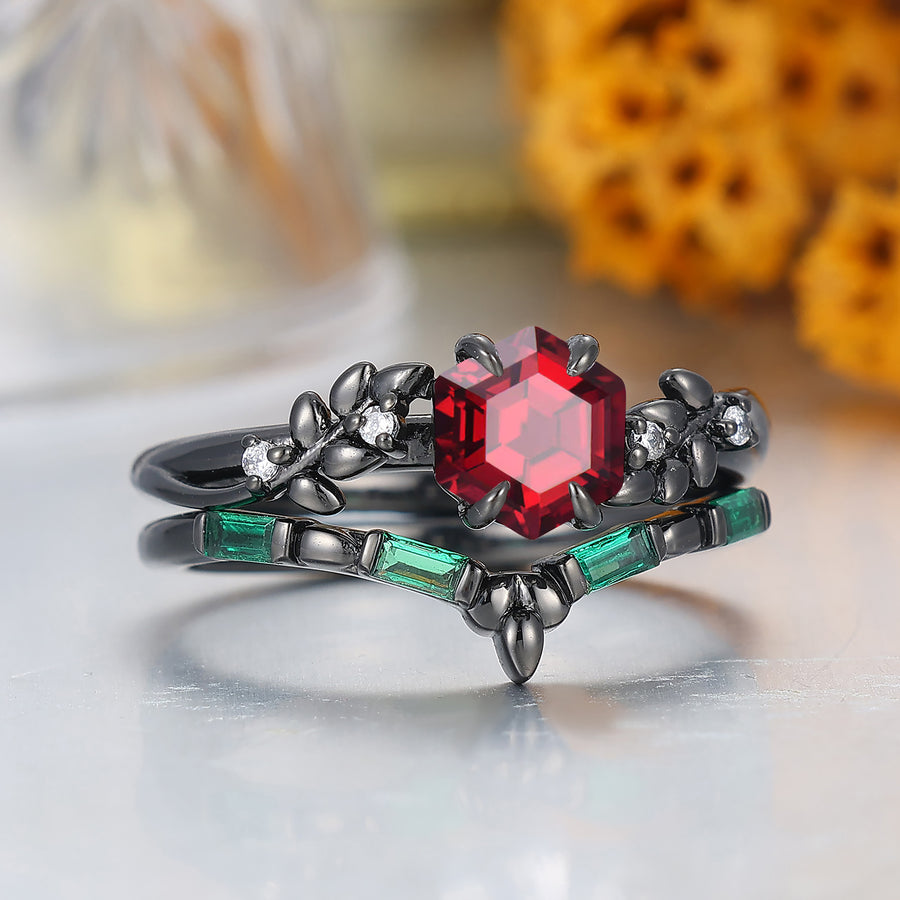 Unique Leaf Design Natural Red Garnet Bridal Ring Set Nature Inspired 2pcs Wowen Fine Ring