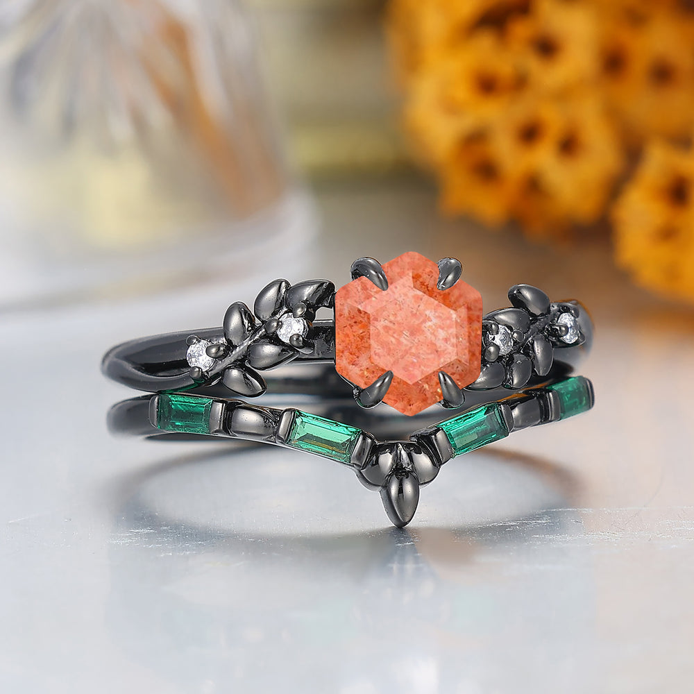 Anello di Fidanzamento in Pietra Solare Naturale con Taglio Esagonale Ispirato alle Foglie, Anello Nuziale Unico Placcato Nero