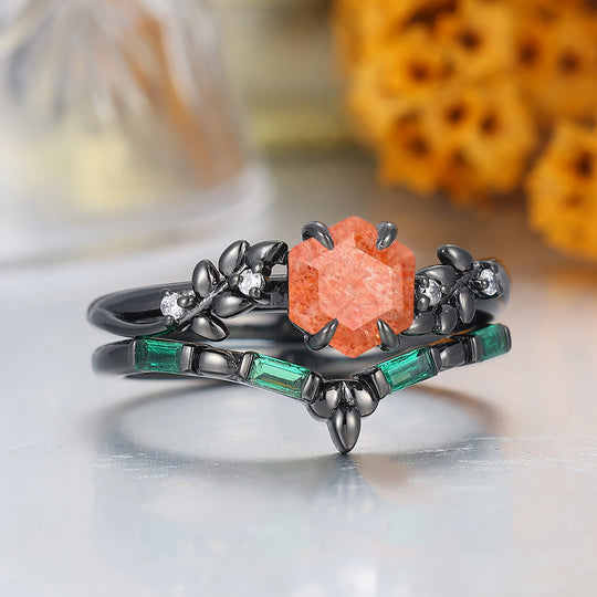 Blad Geïnspireerde Hexagon Geslepen Natuurlijke Zonnesteen Verlovingsring Unieke Zwart Vergulde Bruidsring