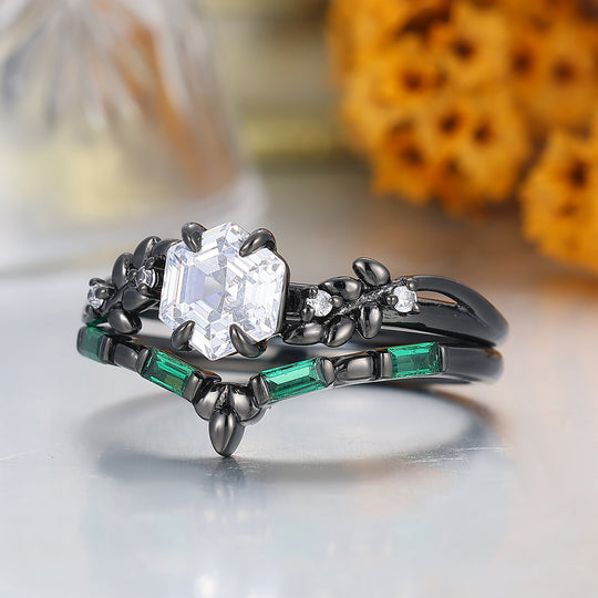 Unique Hexagon Cut Moissanite Wedding Ring Set Nature Inspired 2pcs Black Gold Moissanite Ring