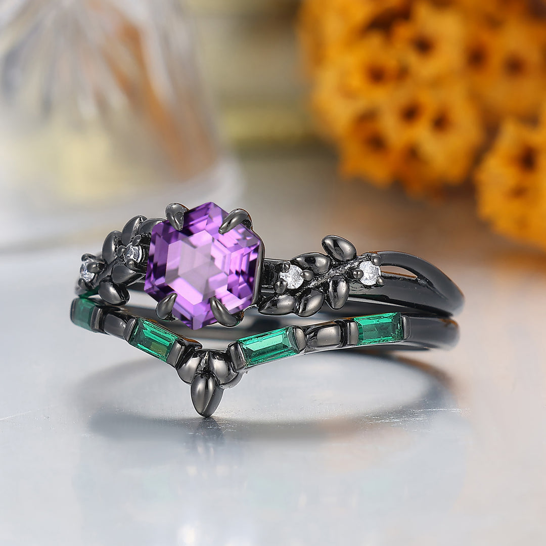 Leaf Style Anello di Fidanzamento Esagonale in Ametista Naturale Anello per Anniversario e Matrimonio