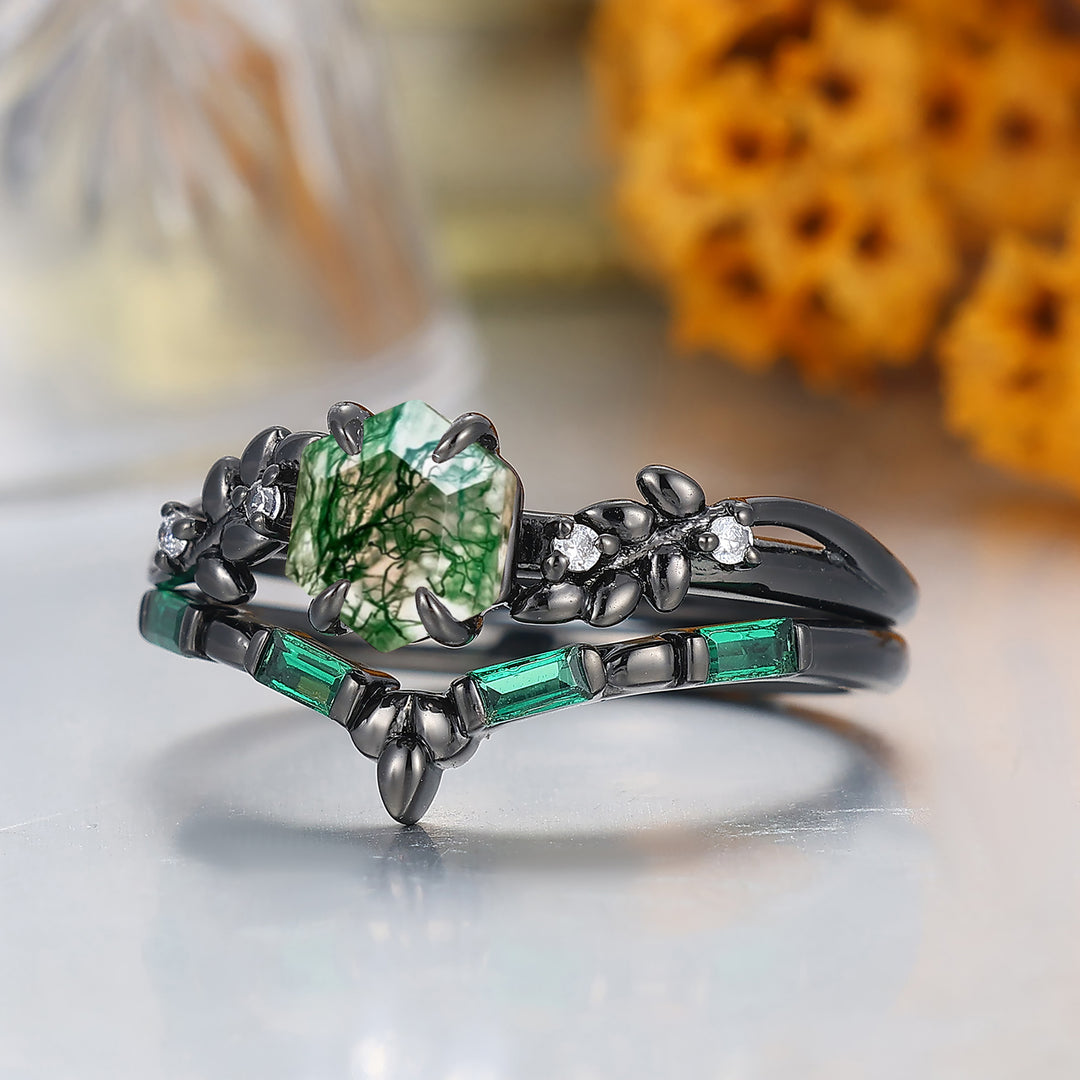 Art Deco 14K Hexagon Shape Moss Agate Engagement Ring Leaf Style Anniversary Bridal Ring