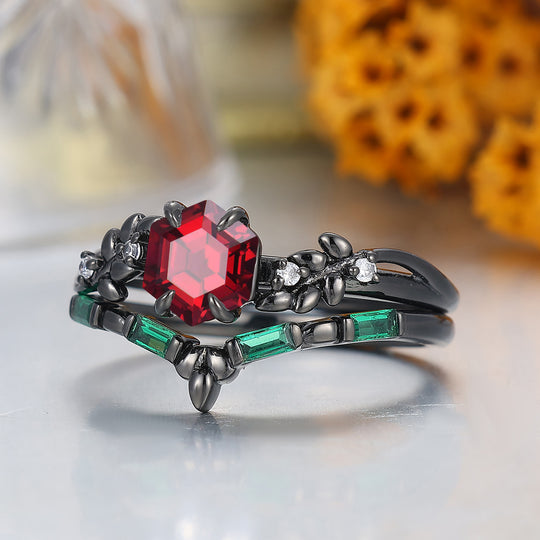 Unique Leaf Design Natural Red Garnet Bridal Ring Set Nature Inspired 2pcs Wowen Fine Ring