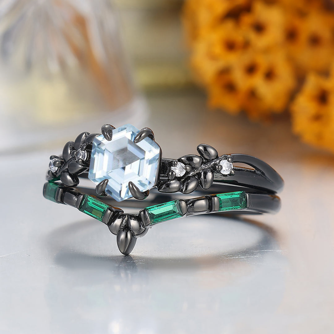 Art Deco zeskant geslepen aquamarijn verlovingsringset natuur geïnspireerd 2-delige gevlochten aquamarijnring