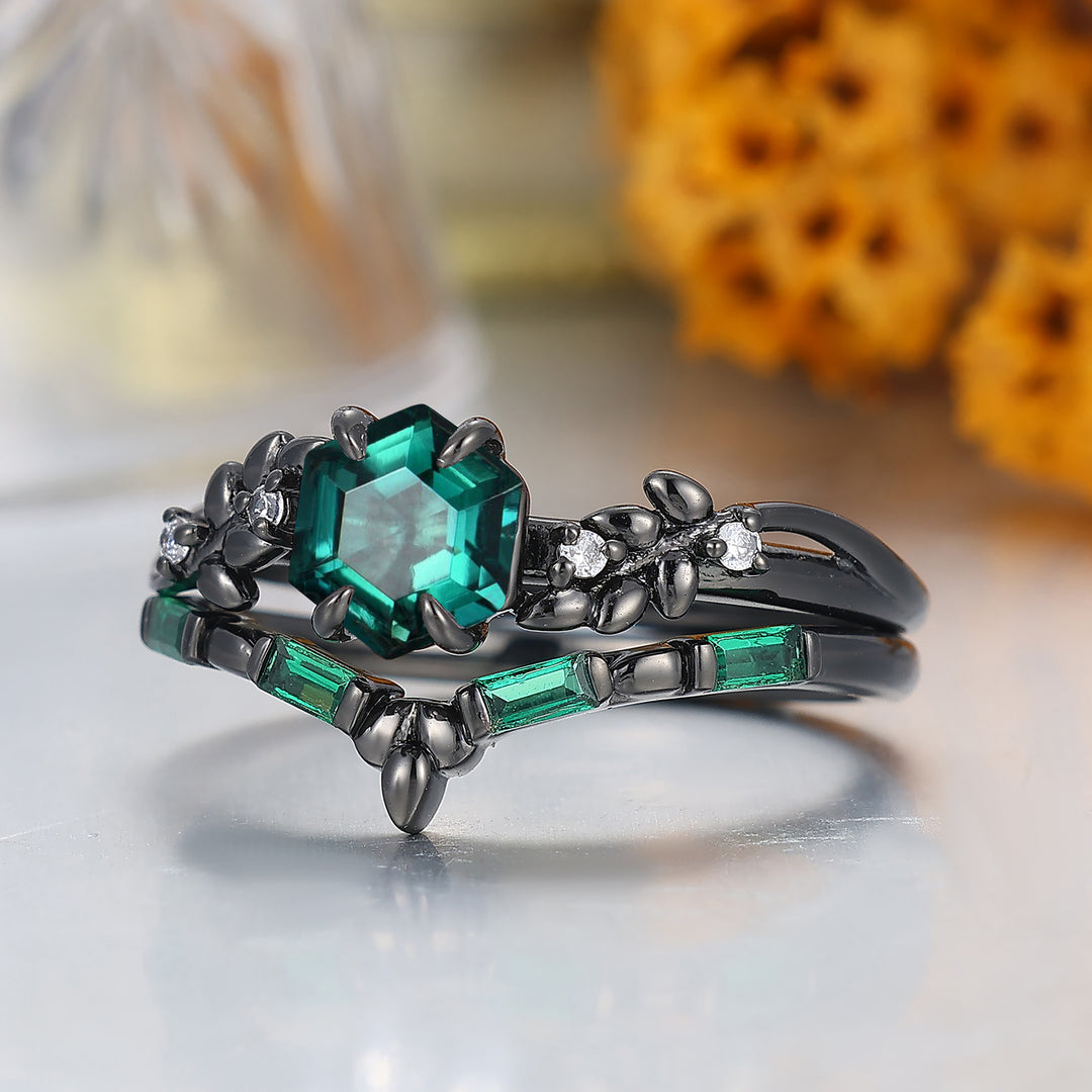 Art Deco Hexagon Shape Emerald Engagement Ring Leaf Style Anniversary Bridal Ring