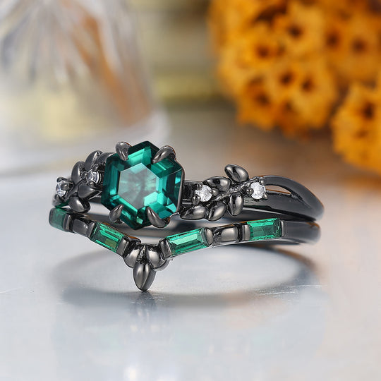 Art Deco Hexagon Shape Emerald Engagement Ring Leaf Style Anniversary Bridal Ring