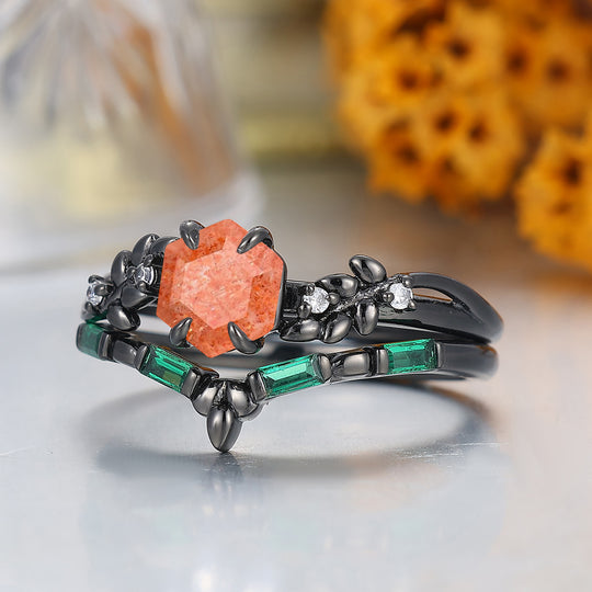 Blad Geïnspireerde Hexagon Geslepen Natuurlijke Zonnesteen Verlovingsring Unieke Zwart Vergulde Bruidsring