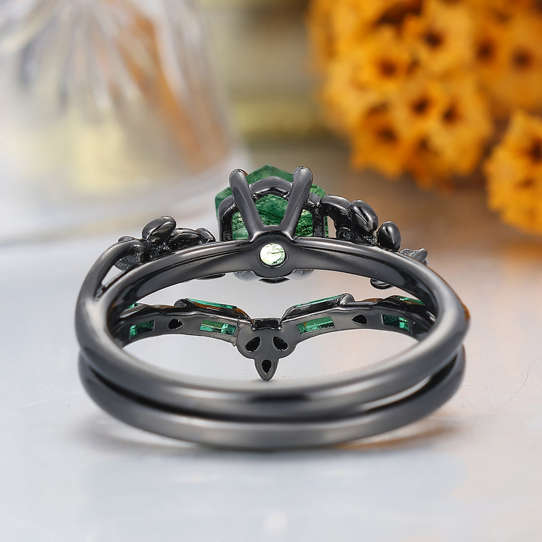 Art Deco 14K Hexagon Shape Moss Agate Engagement Ring Leaf Style Anniversary Bridal Ring