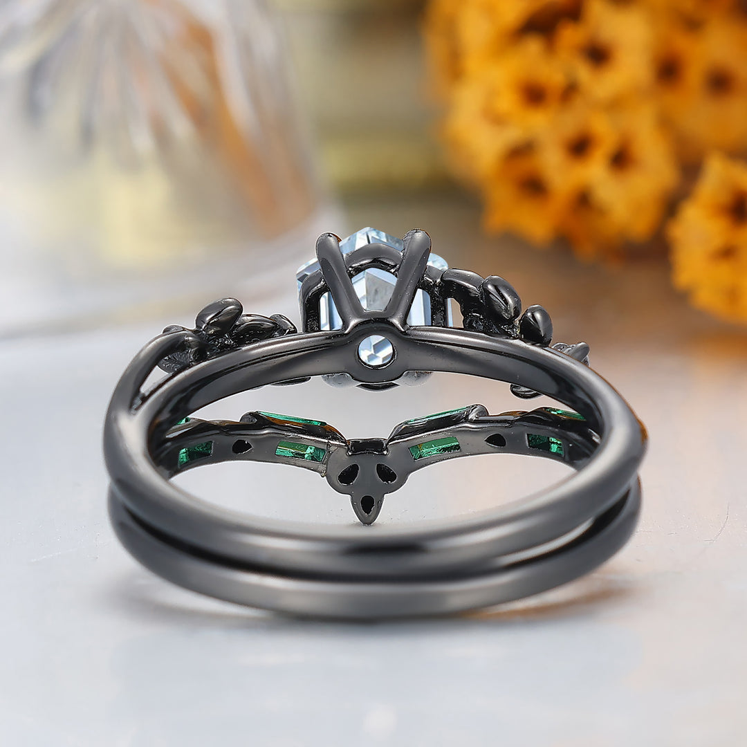 Custom Order - Hexagon Cut Teal Sapphire Engagement Ring Set