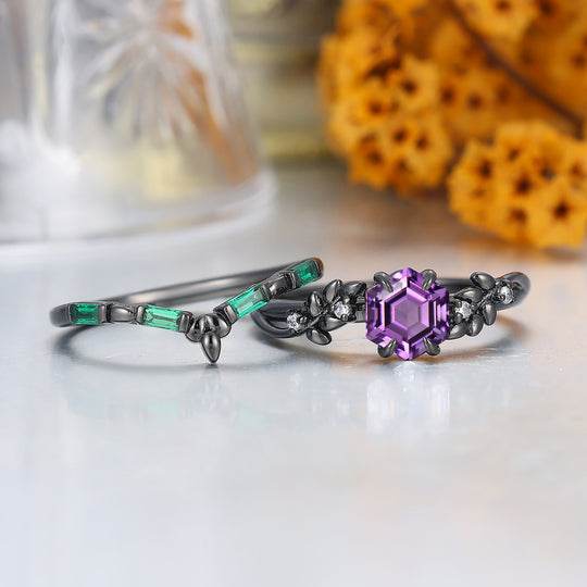 Leaf Style Anello di Fidanzamento Esagonale in Ametista Naturale Anello per Anniversario e Matrimonio