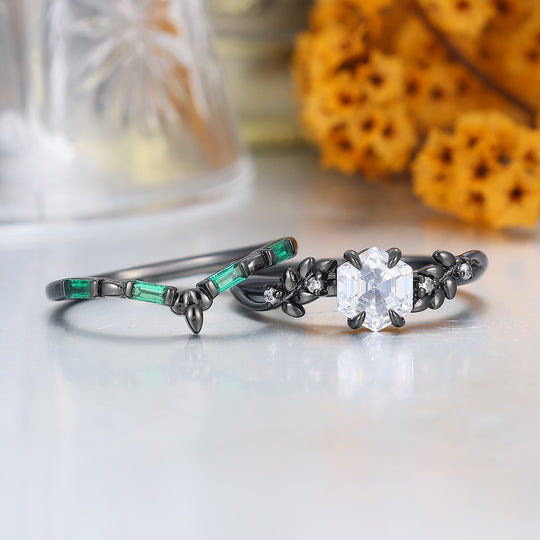 Unique Hexagon Cut Moissanite Wedding Ring Set Nature Inspired 2pcs Black Gold Moissanite Ring