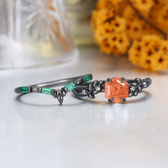 Blad Geïnspireerde Hexagon Geslepen Natuurlijke Zonnesteen Verlovingsring Unieke Zwart Vergulde Bruidsring