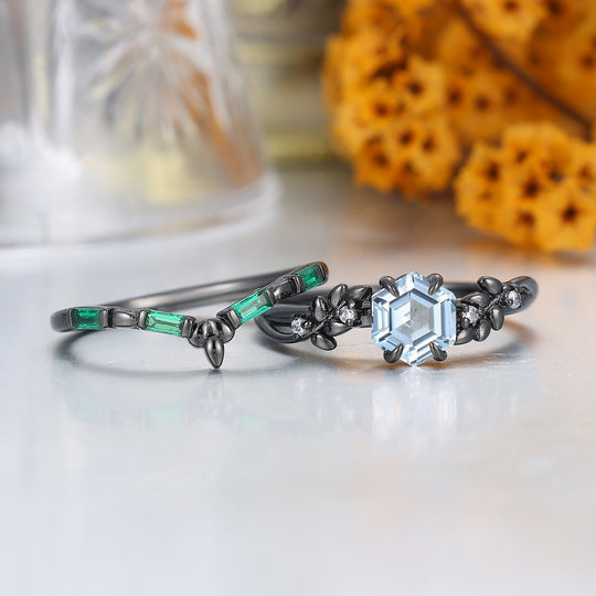 Art Deco zeskant geslepen aquamarijn verlovingsringset natuur geïnspireerd 2-delige gevlochten aquamarijnring