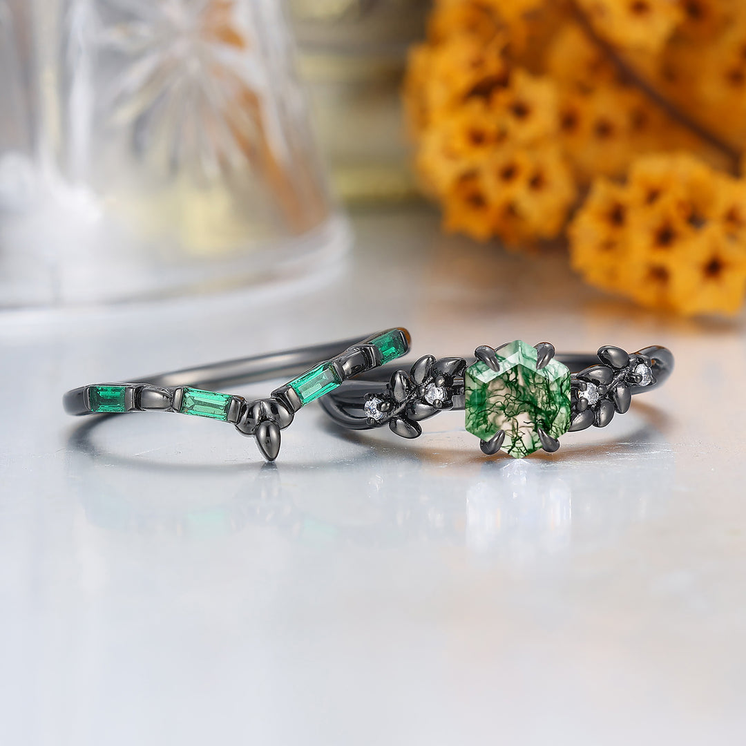 Art Deco 14K Hexagon Shape Moss Agate Engagement Ring Leaf Style Anniversary Bridal Ring