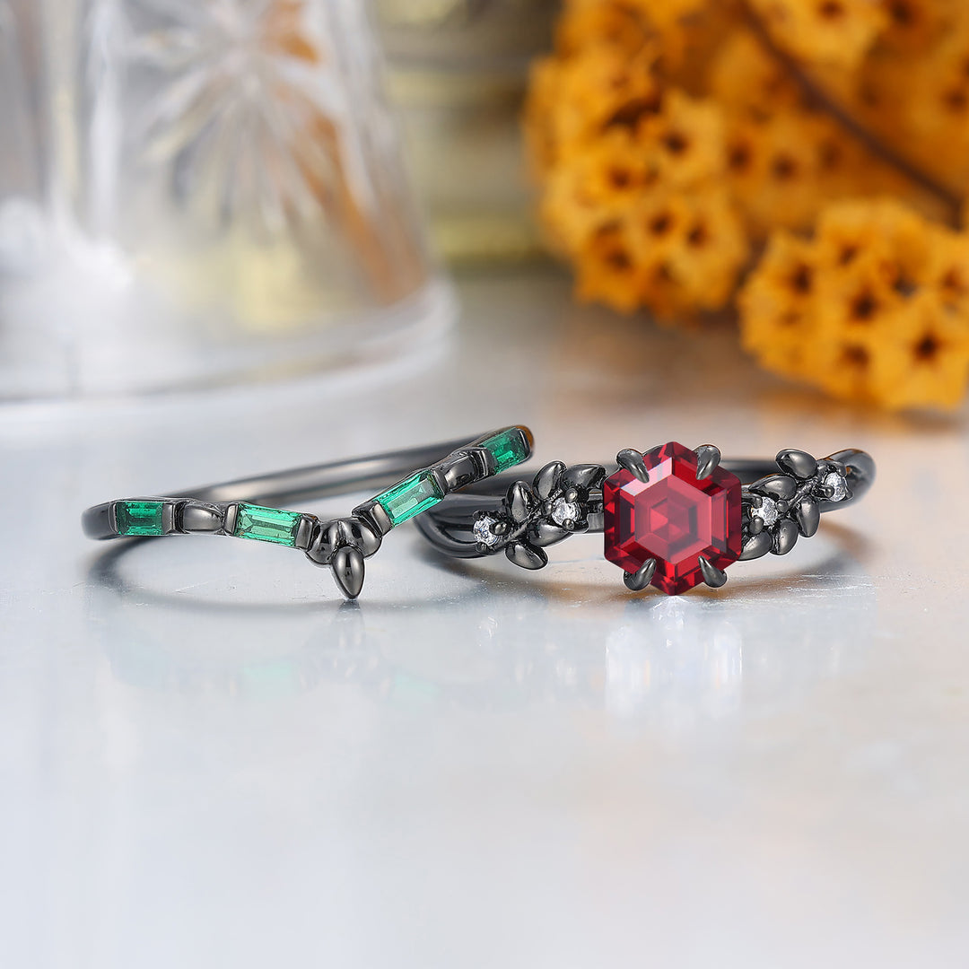 Unique Leaf Design Natural Red Garnet Bridal Ring Set Nature Inspired 2pcs Wowen Fine Ring