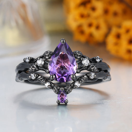Unique Branch Leaf Engraved Natural Amethyst Engagement Ring Balck Plated Bridal Ring