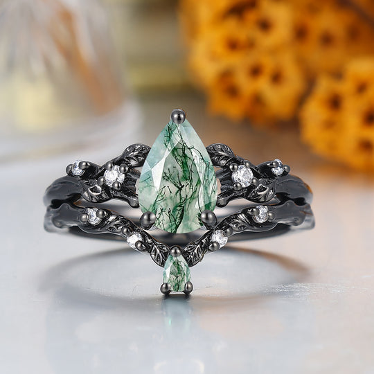 Dainty Branch Design Pear Cut Natural Moss Agate Engagement Ring Black Plated Bridal Ring