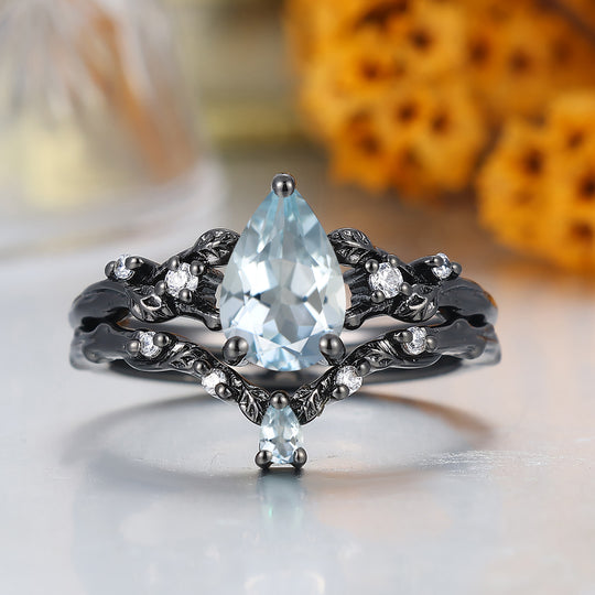 Anillo de boda de oro macizo estilo hoja única con aguamarina inspirado en hojas