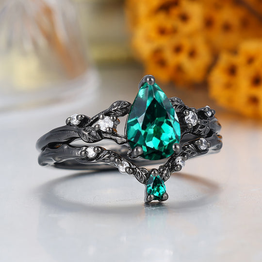 Dainty Branch Design Pear Cut Emerald Engagement Ring Black Plated Bridal Ring