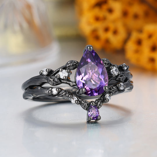 Unique Branch Leaf Engraved Natural Amethyst Engagement Ring Balck Plated Bridal Ring