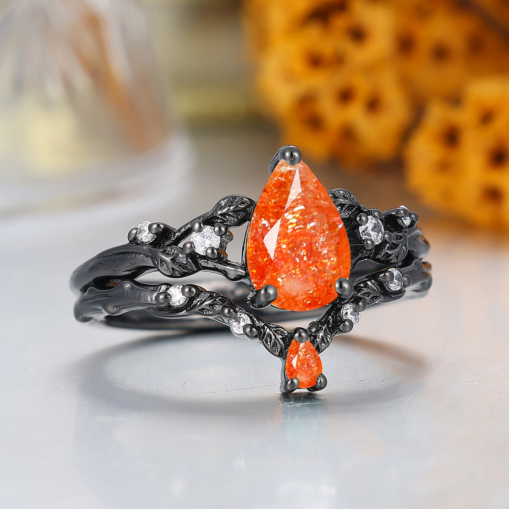 Artsy Pear Cut Sunstone Engagement Ring Leaf Inspired Anniversary Bridal Ring