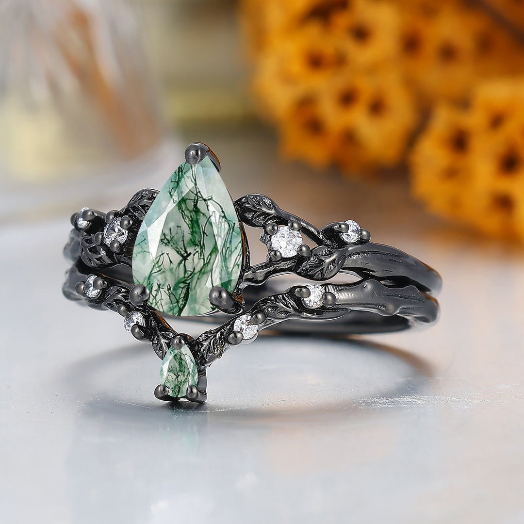Dainty Branch Design Pear Cut Natural Moss Agate Engagement Ring Black Plated Bridal Ring