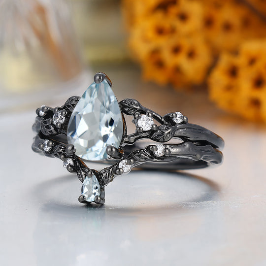 Anillo de boda de oro macizo estilo hoja única con aguamarina inspirado en hojas