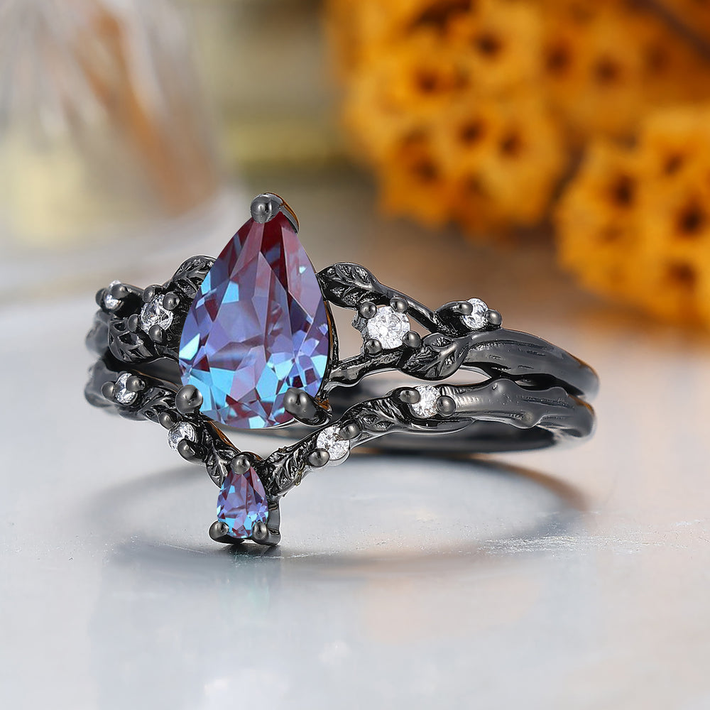 Dainty Branch Design Pear Cut Lab Created Alexandrite Engagement Ring Black Plated Bridal Ring