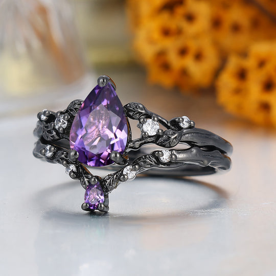 Unique Branch Leaf Engraved Natural Amethyst Engagement Ring Balck Plated Bridal Ring