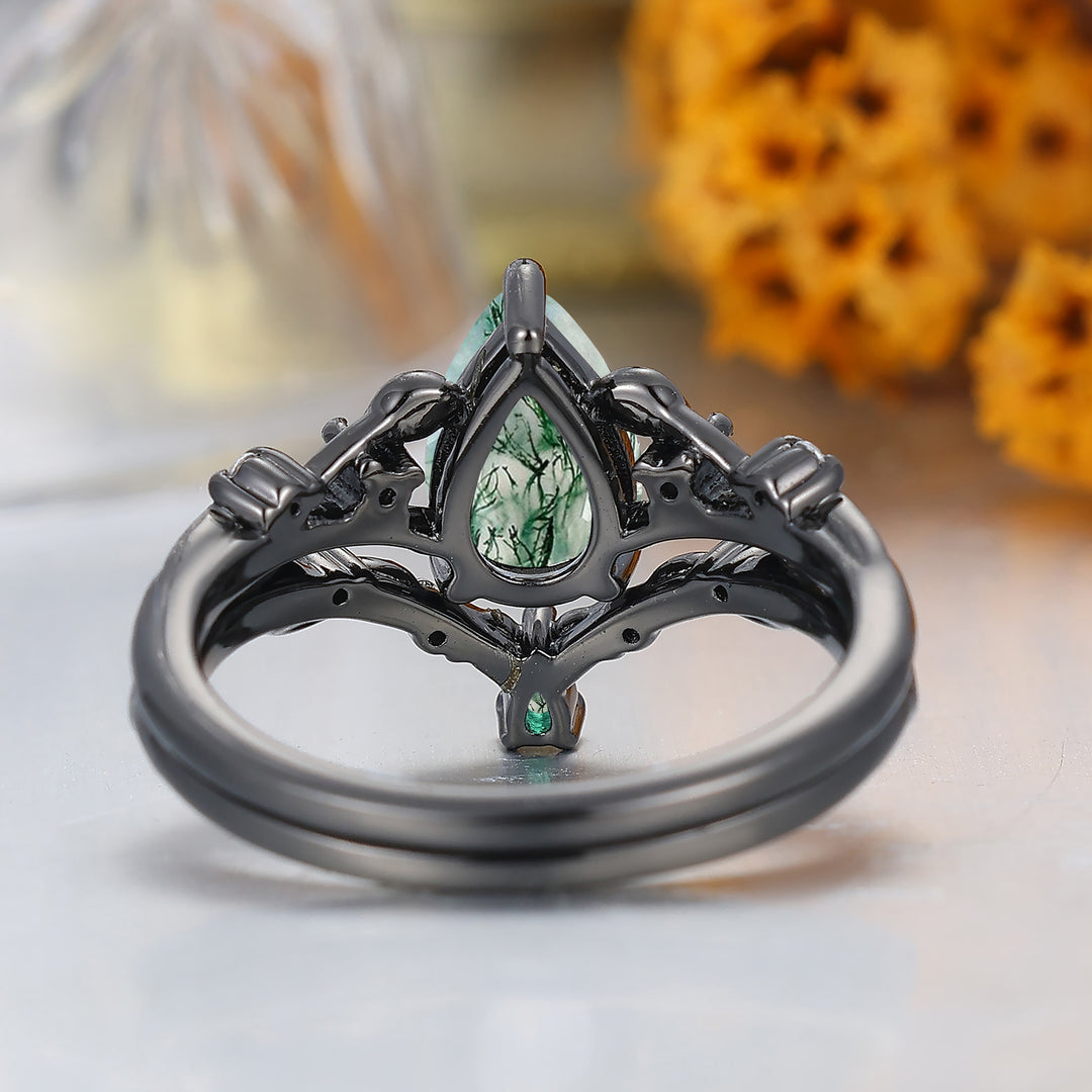 Dainty Branch Design Pear Cut Natural Moss Agate Engagement Ring Black Plated Bridal Ring