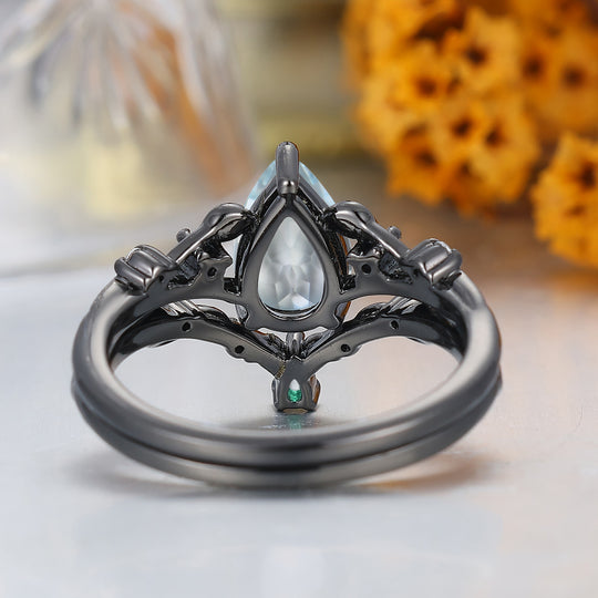 Anillo de boda de oro macizo estilo hoja única con aguamarina inspirado en hojas