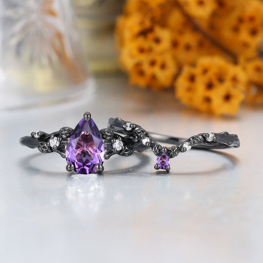 Unique Branch Leaf Engraved Natural Amethyst Engagement Ring Balck Plated Bridal Ring