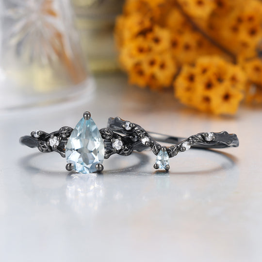 Anillo de boda de oro macizo estilo hoja única con aguamarina inspirado en hojas