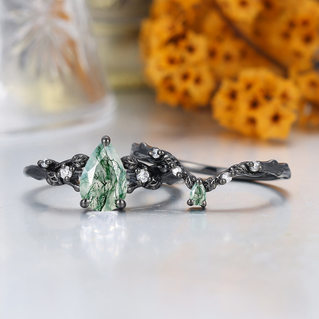 Dainty Branch Design Pear Cut Natural Moss Agate Engagement Ring Black Plated Bridal Ring