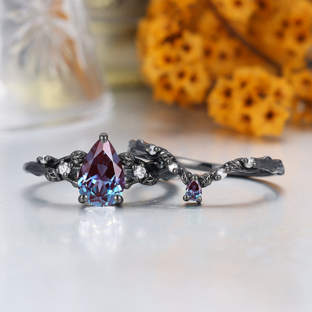 Dainty Branch Design Pear Cut Lab Created Alexandrite Engagement Ring Black Plated Bridal Ring