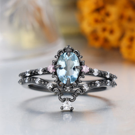 Art Deco Ovaal Geslepen Aquamarijn Filigraan Bruiloft Jubileum Ring Zwart Geplateerd Milgrain Damesring