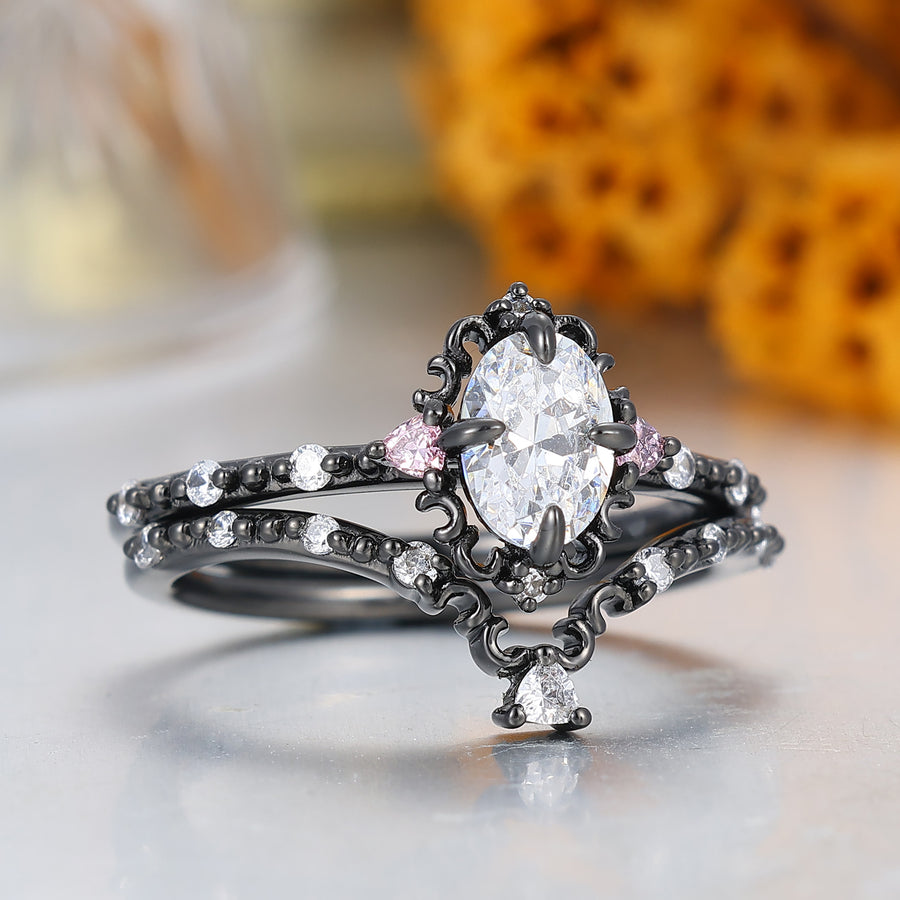 Filigreed Black Plated Oval Cut Moissanite Engagement Ring Set Art Deco Milgrain Style Women Ring