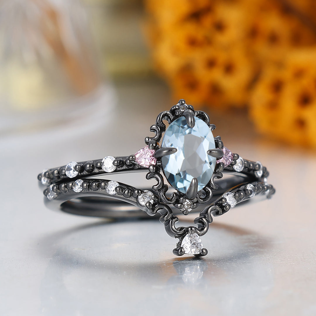 Art Deco Ovaal Geslepen Aquamarijn Filigraan Bruiloft Jubileum Ring Zwart Geplateerd Milgrain Damesring