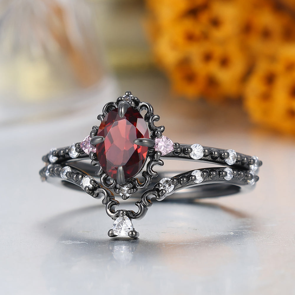 Filigreed Black Plated Oval Cut Red Garnet Engagement Ring Set Art Deco Milgrain Style Women Ring