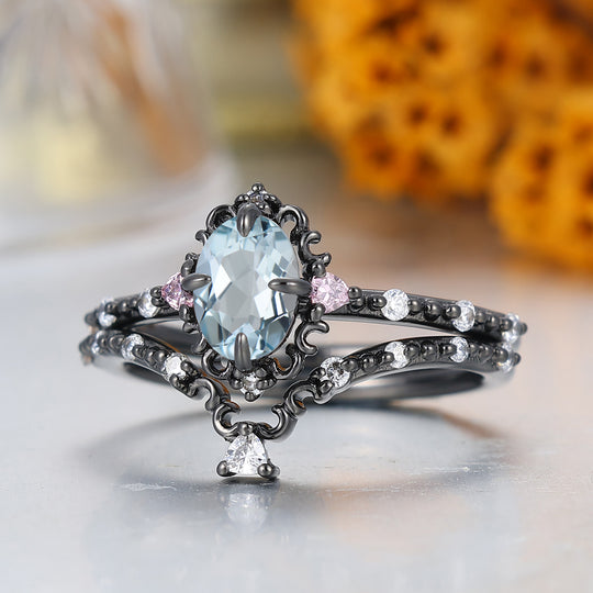 Art Deco Ovaal Geslepen Aquamarijn Filigraan Bruiloft Jubileum Ring Zwart Geplateerd Milgrain Damesring