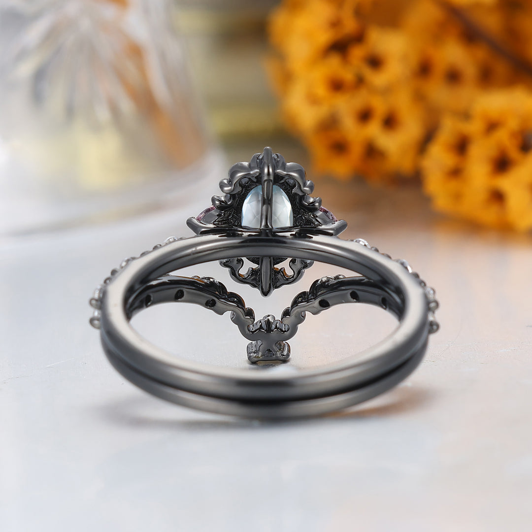 Art Deco Ovaal Geslepen Aquamarijn Filigraan Bruiloft Jubileum Ring Zwart Geplateerd Milgrain Damesring