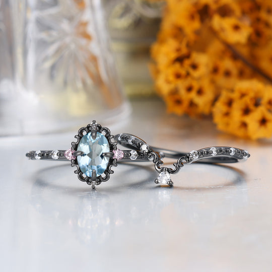 Art Deco Ovaal Geslepen Aquamarijn Filigraan Bruiloft Jubileum Ring Zwart Geplateerd Milgrain Damesring