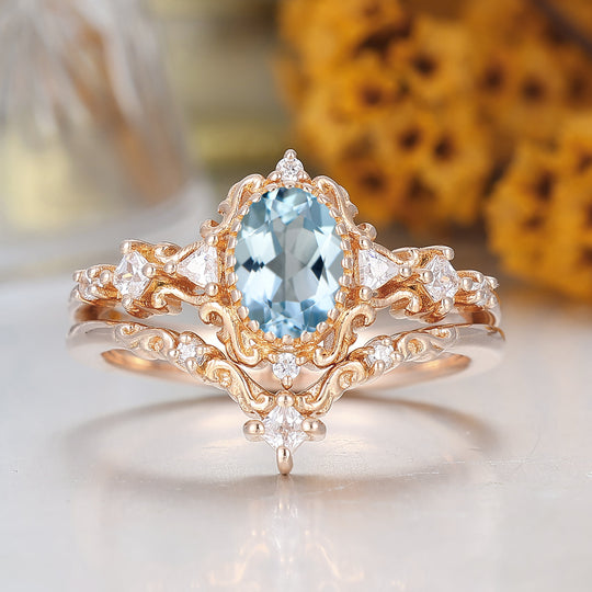 Crystal-Clear Oval Cut Aquamarine Bridal Ring 14K Rose Gold March Birthstone Ring For Her