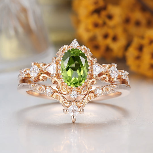 Vintage Scrolled Oval Cut Peridot Engagement Ring Set Rose Gold Women Anniversary Rings