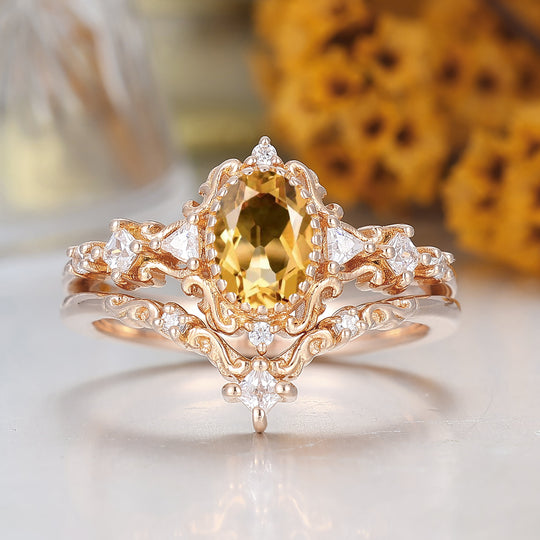 Vintage Scrolled Oval Cut Citrine Engagement Ring Set Rose Gold Women Anniversary Rings