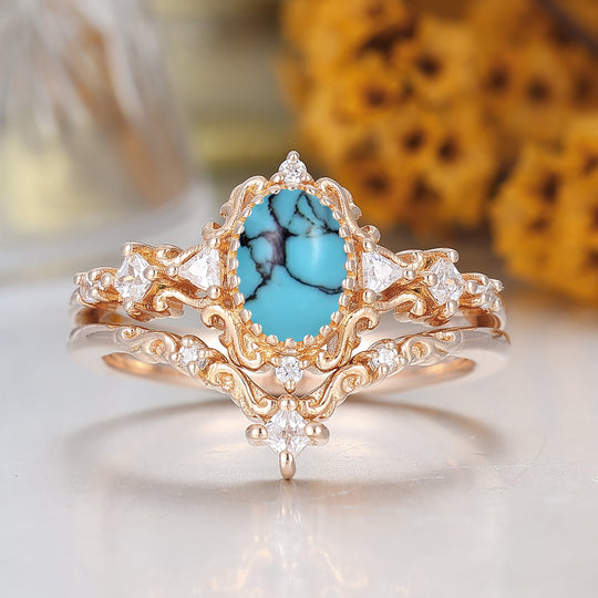 Vintage Inspired 1CT Oval Cut Turquoise Wedding Rings Handmade Bridal Anniversary Ring Set