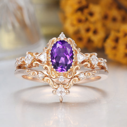 Antiker oval geschliffener Aquamarin-Verlobungsring mit Blumenmuster 14K Roségold Ehering Vintage Filigran Natürlicher Amethyst Brautring 14K Massivgold Ehering für Damen