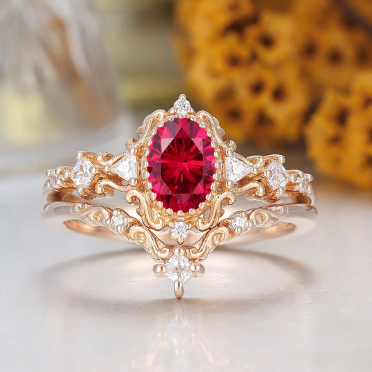 Vintage Scrolled Oval Cut Ruby Engagement Ring Set Rose Gold Women Anniversary Rings